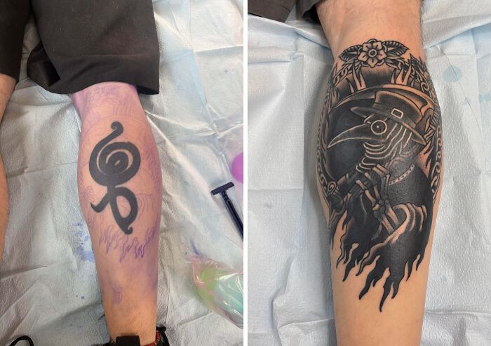 Before and after images of a tattoo regret upgraded with a detailed black and grey plague doctor design on a forearm.