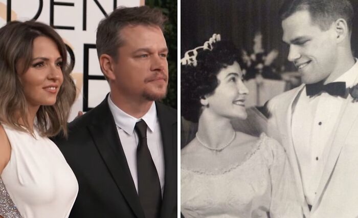 Matt Damon and partner at an event beside a vintage photo, illustrating celebrities who could play historical counterparts.