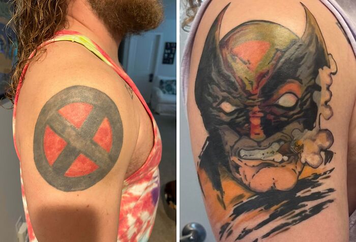 Before and after tattoo cover up on upper arm, showing major upgrade of tattoo regrets with new colorful design.