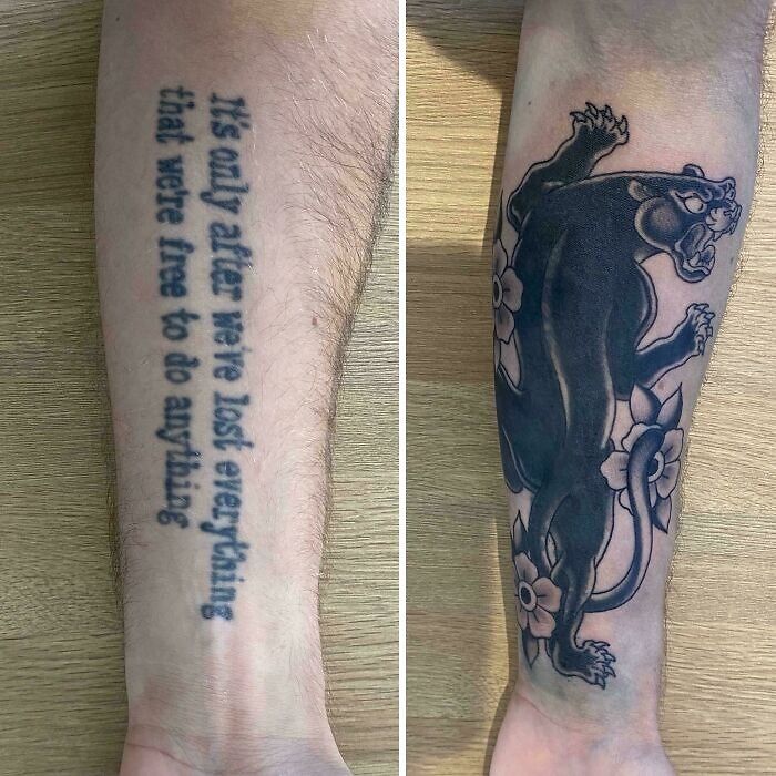 Tattoo regret cover-up featuring a bold black panther and floral design replacing faded text on a forearm.