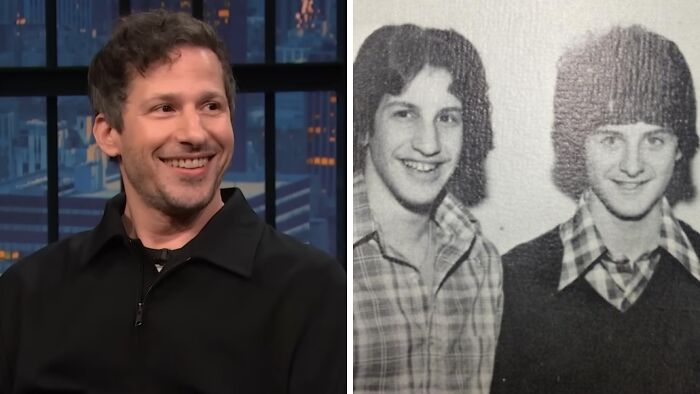 Actor smiling in a TV interview alongside a vintage photo illustrating celebrities who could play historical counterparts.