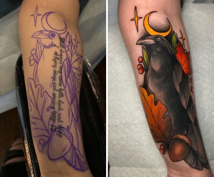 Before and after images of a major tattoo upgrade featuring a detailed crow with autumn leaves and crescent moon.