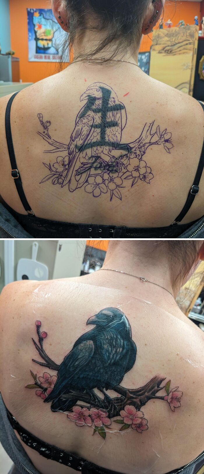 Before and after tattoo cover-up of a bird and flowers on upper back showing major tattoo regrets upgraded.