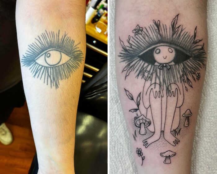 Before and after tattoo cover-up of a black eye design transformed with detailed art and nature elements on the forearm.