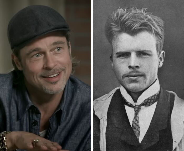 Brad Pitt wearing a cap and denim shirt beside a vintage portrait, illustrating celebrities playing historical counterparts.