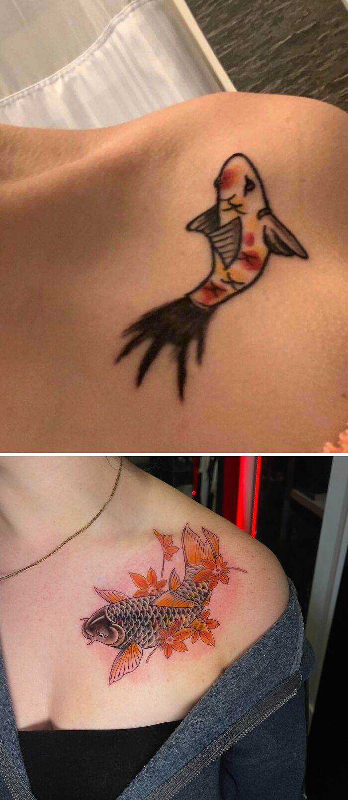 Before and after koi fish tattoo cover-up on shoulder showcasing tattoo regrets with creative upgrades.