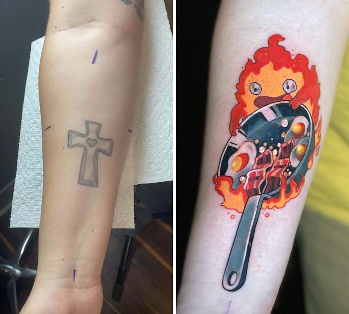 Before and after tattoo upgrade on forearm showing a cross replaced by a colorful frying pan with flames design.