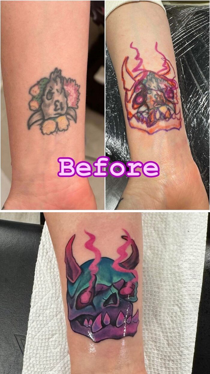 Tattoo regret cover-up showing a vibrant colorful skull with horns replacing a faded design on a forearm.