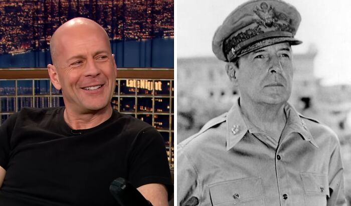 Bruce Willis smiling during a talk show compared to his historical counterpart in a military uniform.