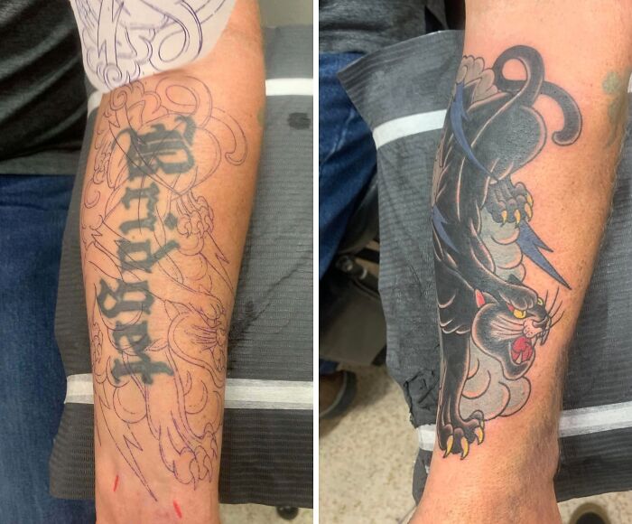 Before and after images of a forearm tattoo upgrade featuring a black panther replacing old lettering tattoo regrets.