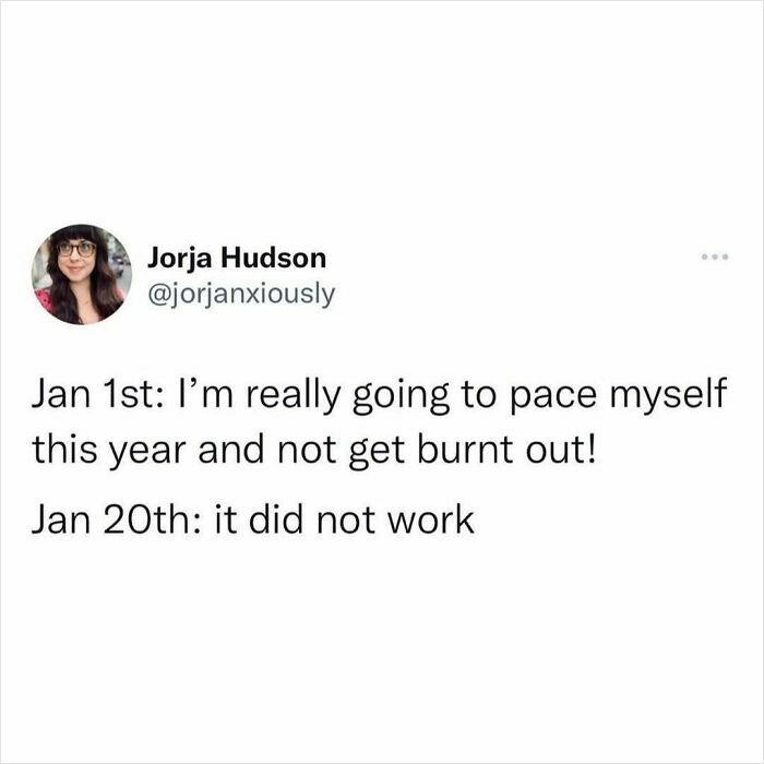 Tweet by Jorja Hudson humorously reflecting on pacing oneself to avoid burnout in millennial corporate work life.