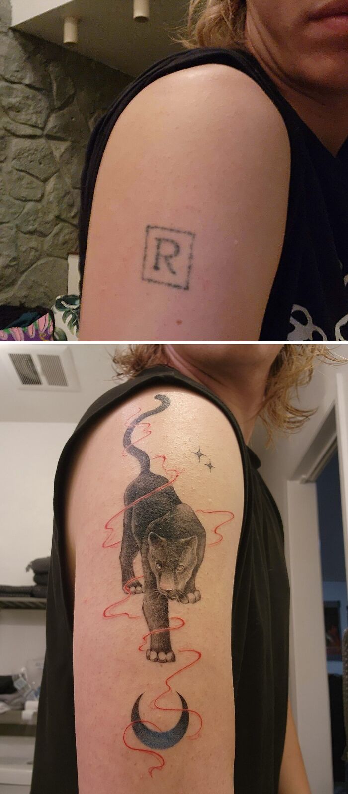 Before and after tattoo upgrade showing a simple initial tattoo transformed into a detailed black panther design.