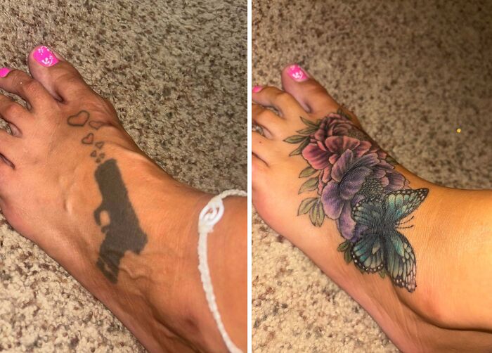 Foot tattoo cover-up showing a transformation from a gun and hearts design to colorful floral and butterfly artwork.