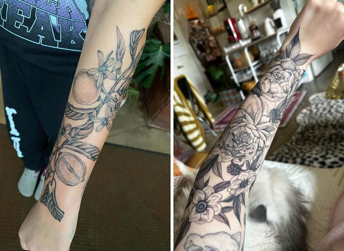 Forearm tattoos featuring detailed black and grey floral and fruit designs as tattoo regrets with major upgrades.