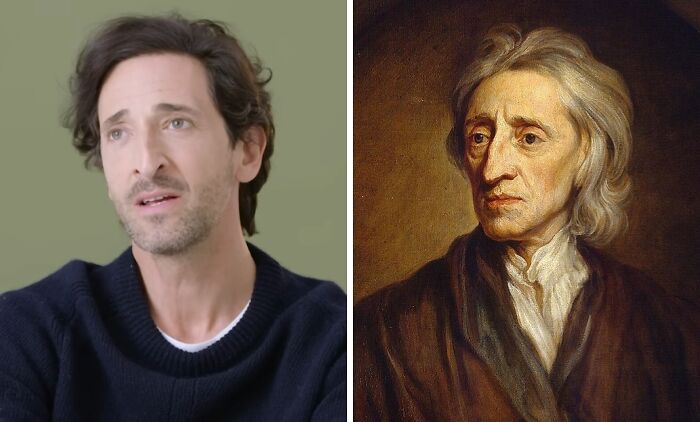 Side-by-side image of a male celebrity and a historical painting illustrating celebrities playing their historical counterparts.