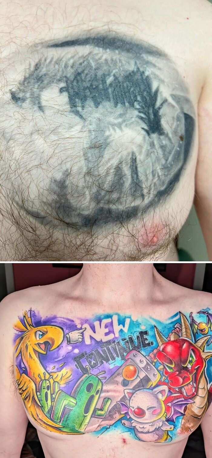 Before and after tattoo transformation covering old regret with vibrant, colorful new tattoo upgrade on a person's chest.