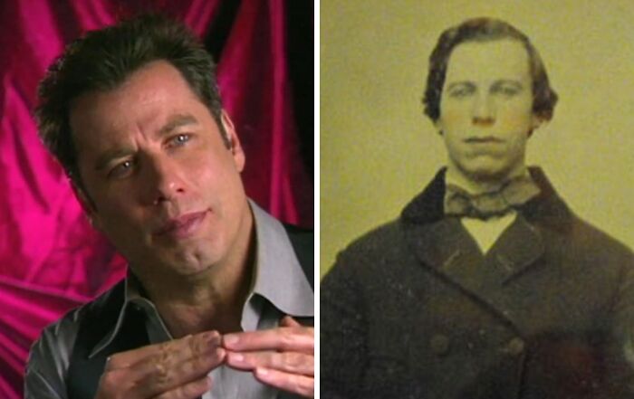 Actor John Travolta pictured next to a historical figure, illustrating celebrities playing their own historical counterparts.