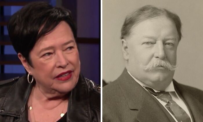 Actress in a leather jacket beside a vintage photo of a historical figure, showcasing celebrities playing historical counterparts.