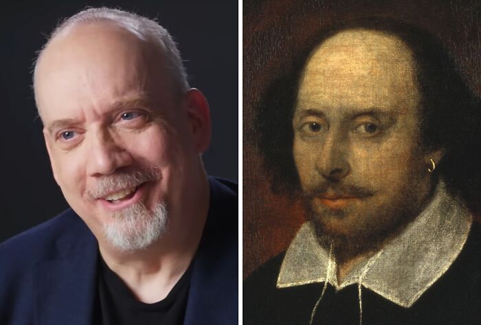 Actor resembling historical Shakespeare with earring and ruffled collar, illustrating celebrities playing historical counterparts.