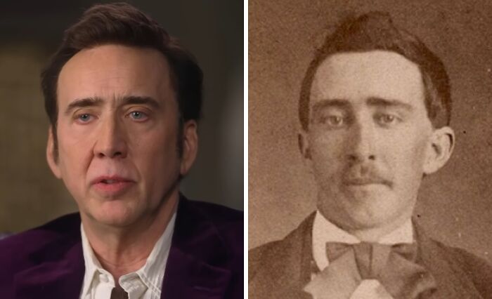 Nicolas Cage side-by-side with a historical photo, illustrating celebrities who could play their historical counterparts.