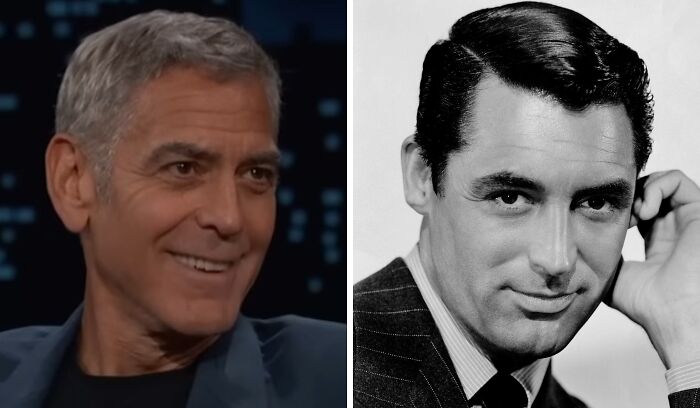 George Clooney smiling in a modern setting alongside a classic black-and-white portrait of his historical counterpart.