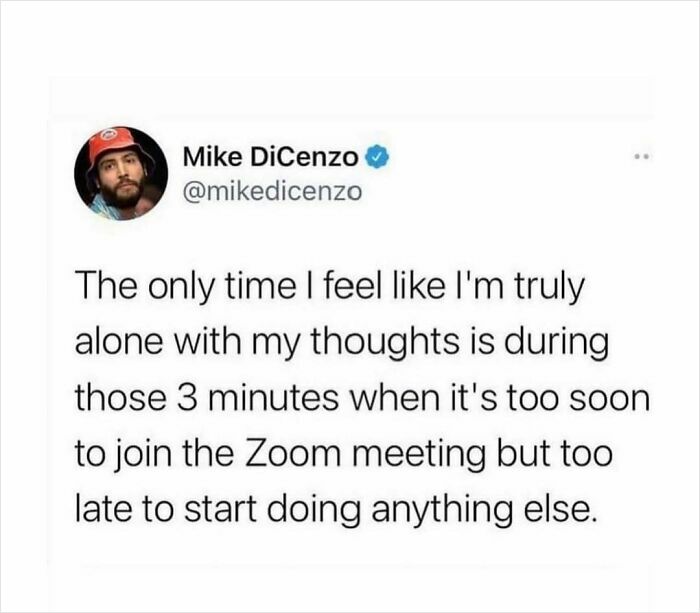 Tweet about feeling alone with thoughts during a brief pause between Zoom meetings in millennial corporate life.
