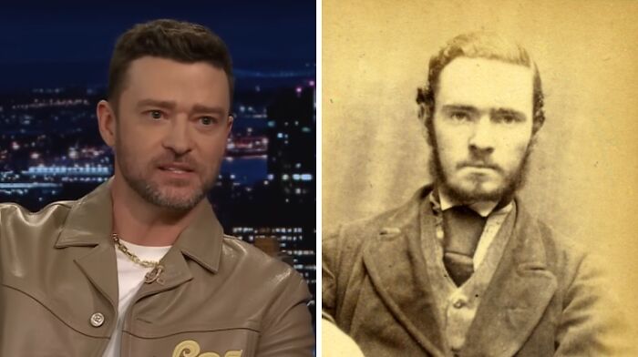 Justin Timberlake in an interview beside a vintage photo, illustrating celebrities who could play their historical counterparts.