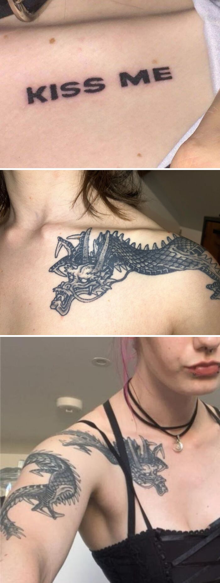 Close-up of tattoo regret upgrade showing a bold dragon design replaced a simple kiss me tattoo on shoulder and arm.