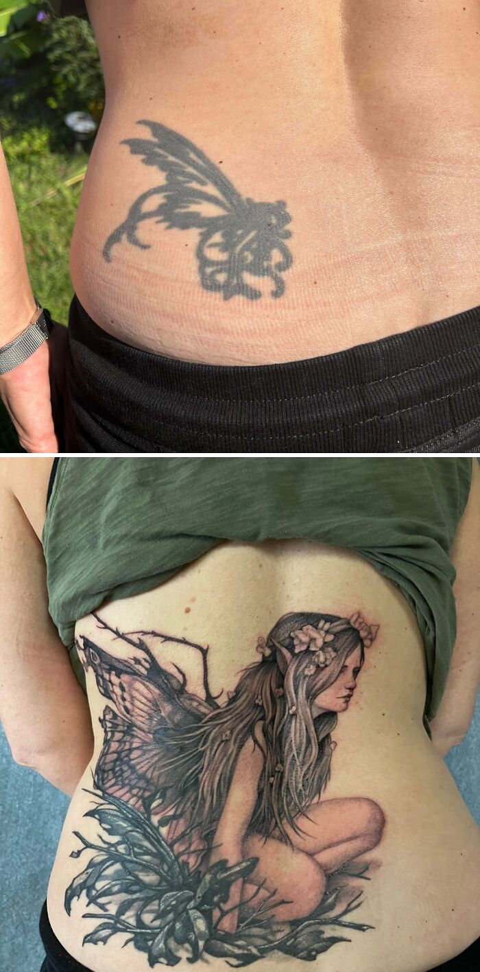Before and after tattoo cover-up on lower back showing a major upgrade of a regretful black ink design.