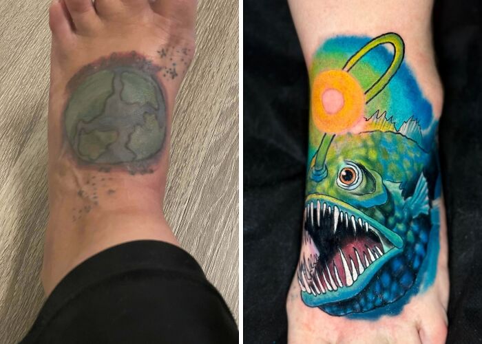 Before and after tattoo upgrade on a foot, transforming a faded planet design into a vibrant anglerfish tattoo.
