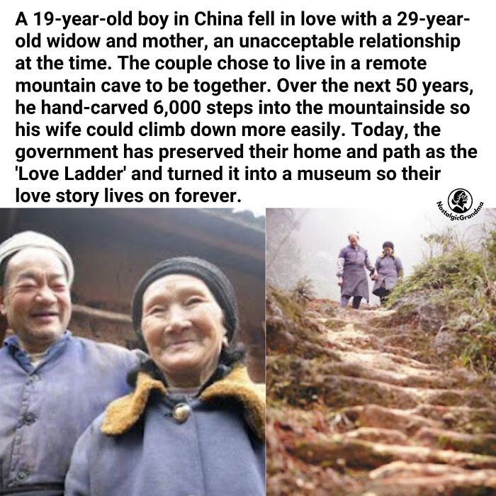 Elderly couple in China symbolizing heartwarming stories of love with carved mountain steps called Love Ladder.