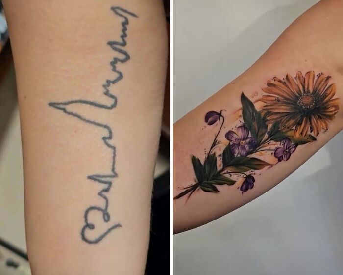 Before and after photos of a tattoo cover-up showing a floral design replacing regretful best friend tattoo ink.