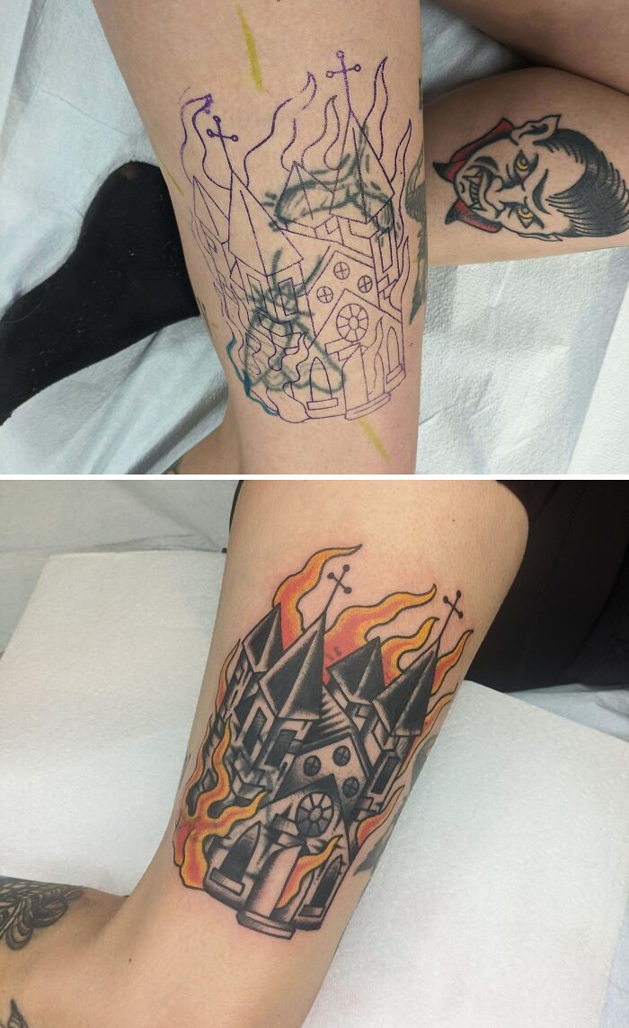 Tattoo regret transformed into a vibrant castle tattoo with flames, showcasing a major upgrade in tattoo design and quality.