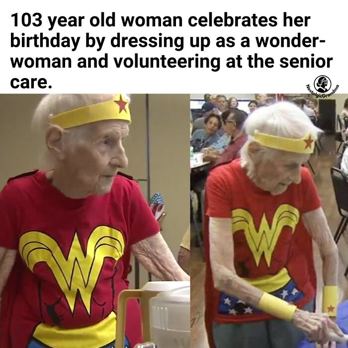 103 year old woman dressed as Wonder Woman volunteering at senior care spreading heartwarming positivity and kindness.