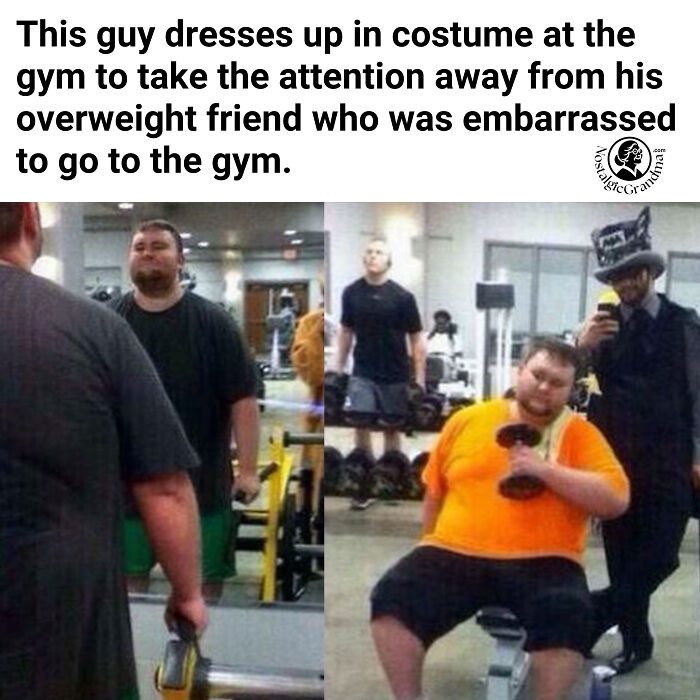Man in costume at the gym supporting overweight friend, a heartwarming story to cleanse negativity from your feed.