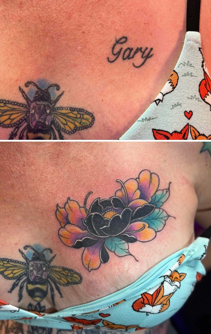 Before and after tattoo cover-up showing a colorful floral design replacing old ink, illustrating tattoo regrets and upgrades.