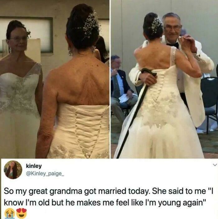 Elderly bride dancing with groom, wearing wedding dress, showcasing heartwarming stories to cleanse your feed from negativity.
