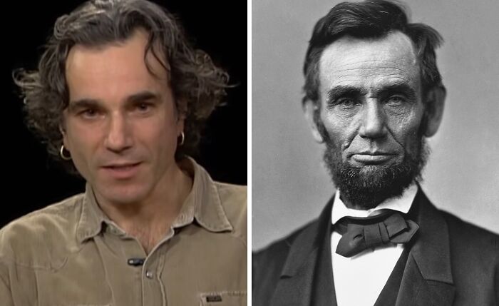 Actor Daniel Day-Lewis on interview alongside historical black and white portrait of Abraham Lincoln, showcasing celebrity historical counterpart.