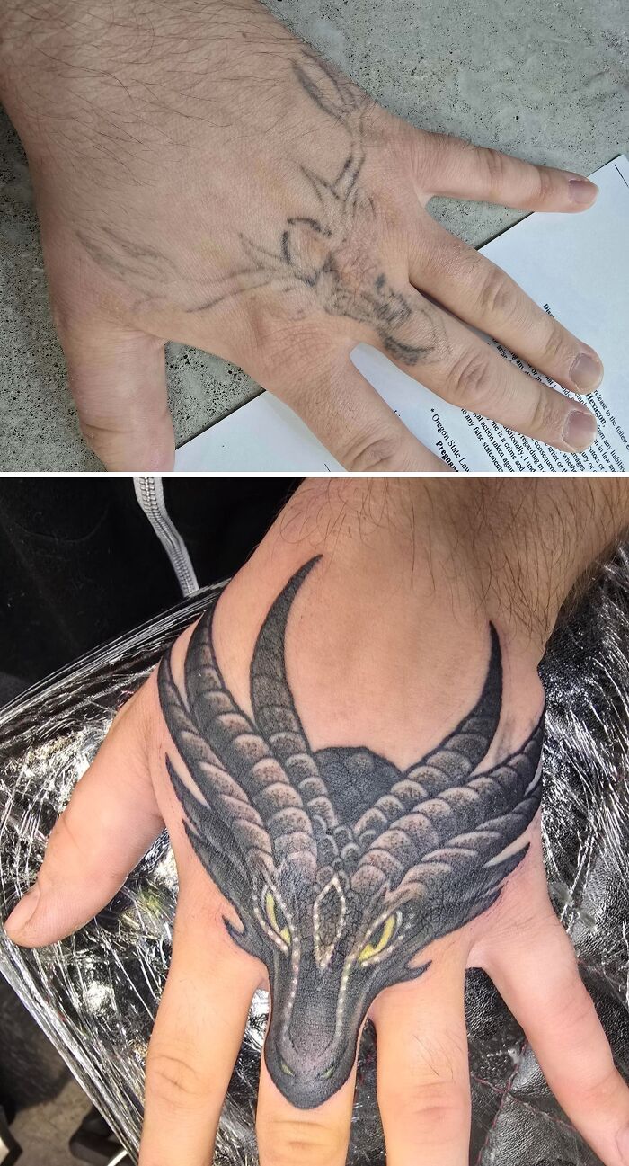 Faded hand tattoo covered by a detailed black and gray dragon redesign showing tattoo regrets and upgrades.