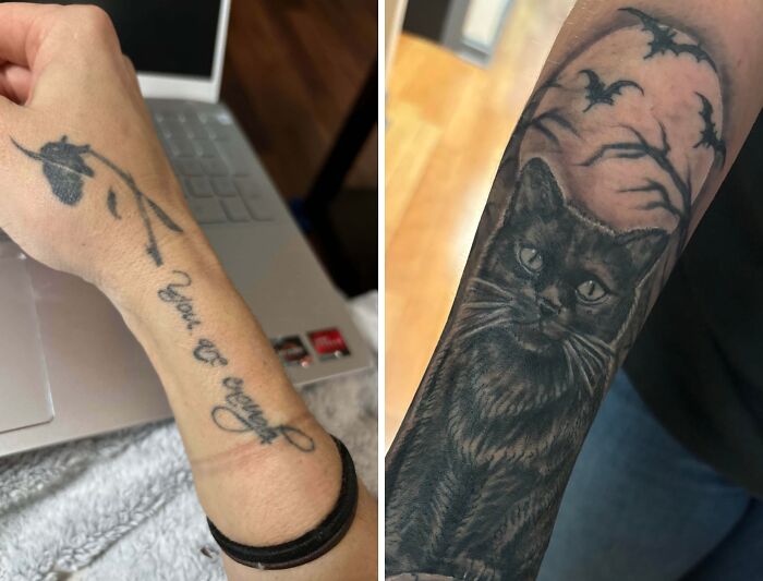 Close-up of tattoo regret upgrades showing floral script and a detailed cat with bats and tree silhouette.