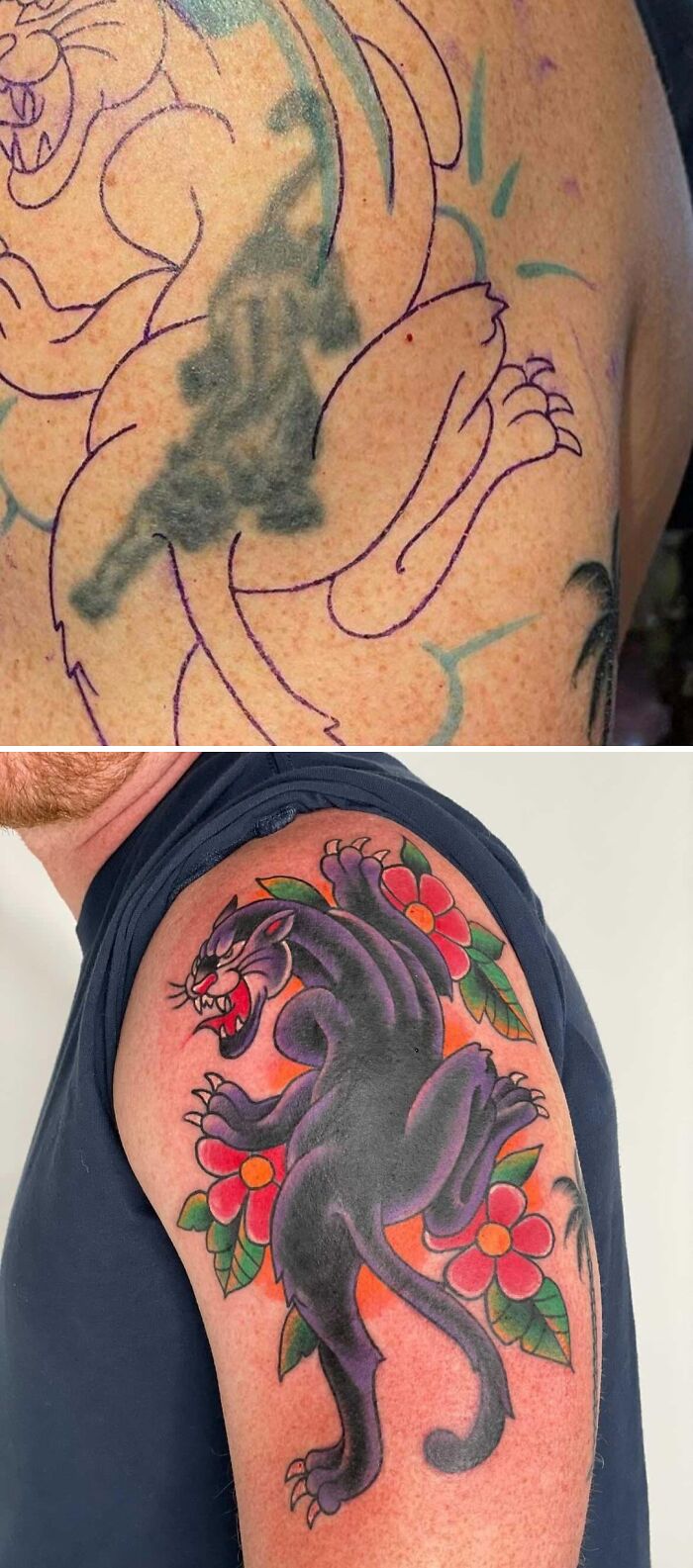Faded panther tattoo cover-up transforming into a vibrant black panther with flowers on upper arm in bold colors.