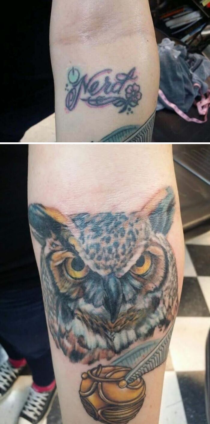 Tattoo regret cover-up transforming nerd text into a detailed owl design with vibrant colors on forearm.