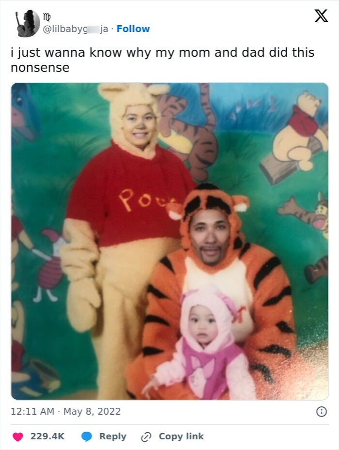 Family dressed in funny parents costumes including Winnie the Pooh, Tigger, and Piglet for a humorous themed photo session.