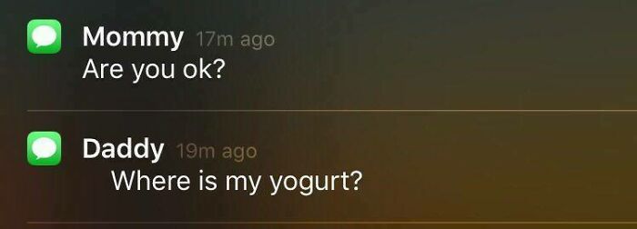 Text message exchange showing funny differences between moms and dads, with mom asking if okay and dad looking for yogurt.