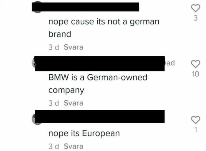 Screenshot from TikTok showing a debate about whether BMW is a German or European brand, highlighting user comments.