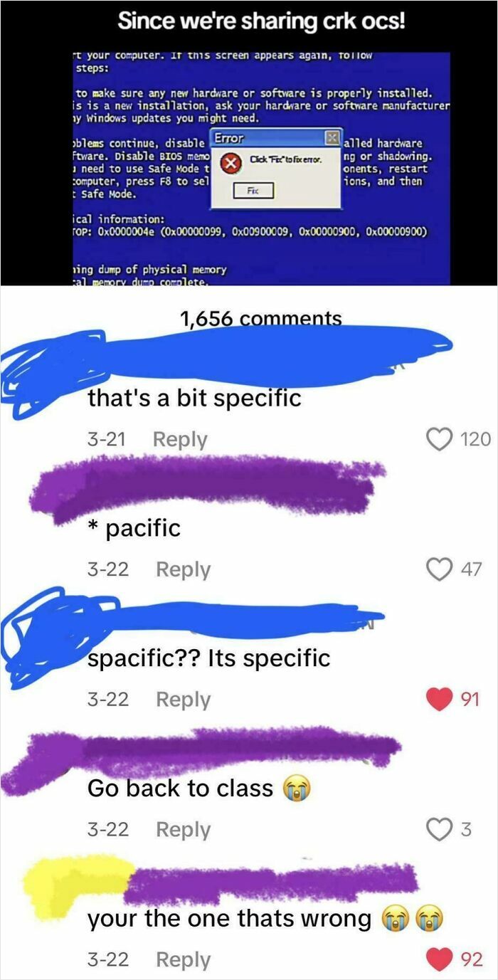 Screenshot from TikTok showing a funny comment thread correcting the word specific, highlighting smart TikTok moments.