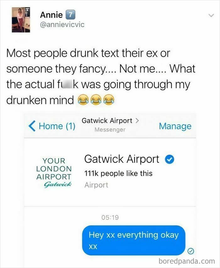 Screenshot of a funny British joke about drunken texting involving Gatwick Airport in a humorous meme.