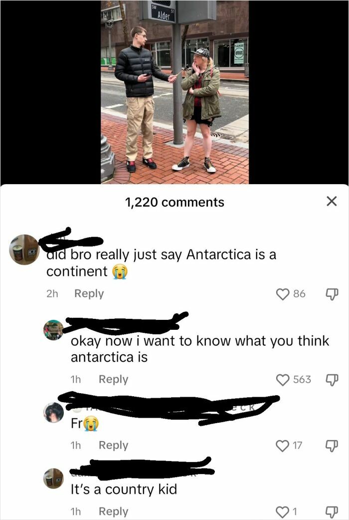 Two people talking on a city street with TikTok comments discussing Antarctica as a continent in a viral screenshot.
