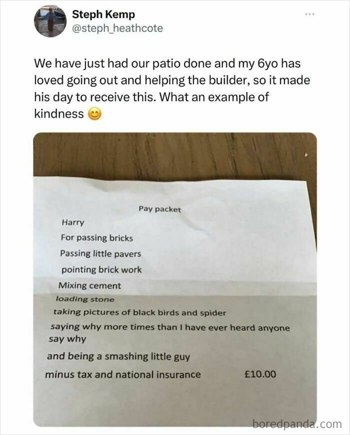 Pay packet for a child helping with brickwork and funny tasks, capturing humor in British jokes and memes about rent prices.