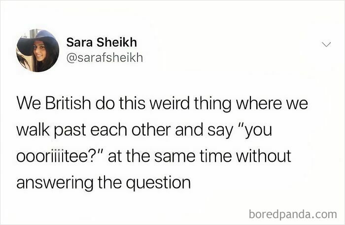 Tweet by Sara Sheikh humorously describing a typical British behavior, featured in funny British jokes and memes.